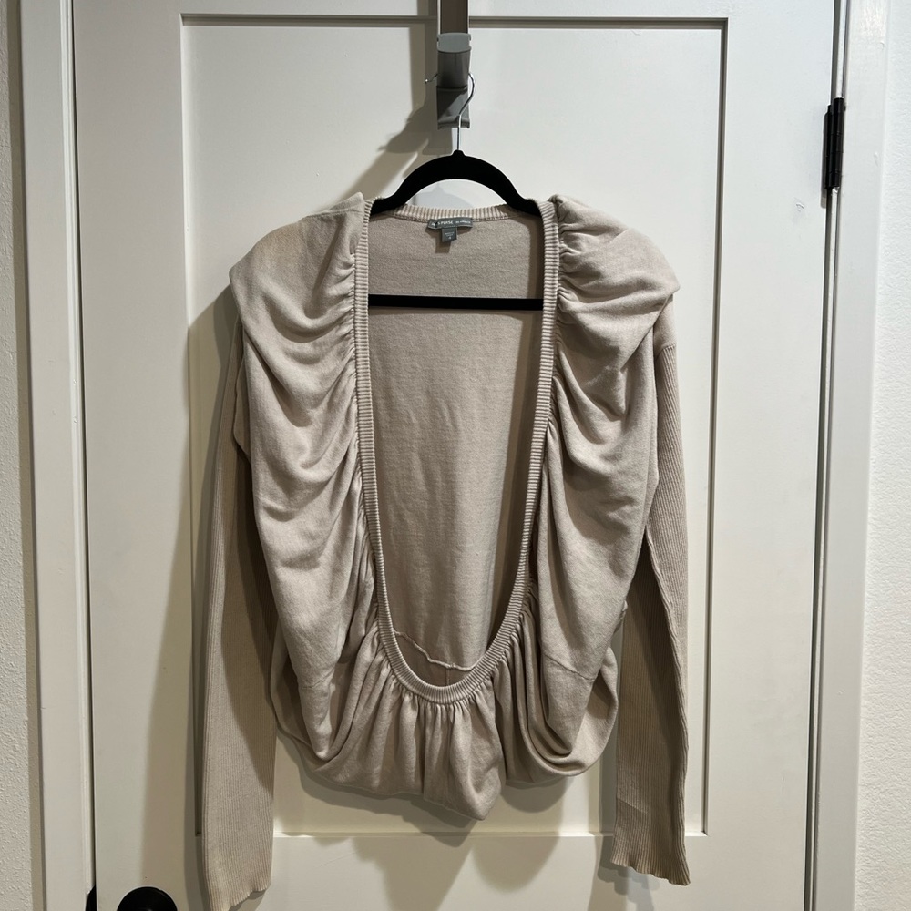 James Peres LA~ Size 4 Bolero Shrug Knit Cardigan with long sleeves. Tan color.